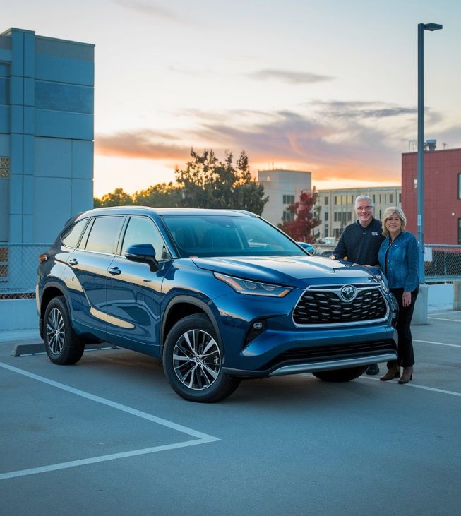 2025-toyota-highlander blue with customers in a parking lot in Bellflower Toyota Certified Body Shop 2025-toyota-highlander-blue-with-customers-in-a-parking-lot-in-Bellflower-Toyota-Certified-Body-Shop