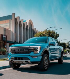 Blue-Ford-PU-parked-on-street-in-Bellflower-CA-Ford-Certified-body-shop-Eurotech-inc